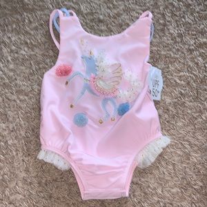 NWT Mud Pie UPF 50+ Pink Unicorn Swimsuit Sz 12-18 Months